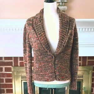 Talbots Shawl Neck Cardigan Sweater S Brown Speckled Chunky Knit Stretch